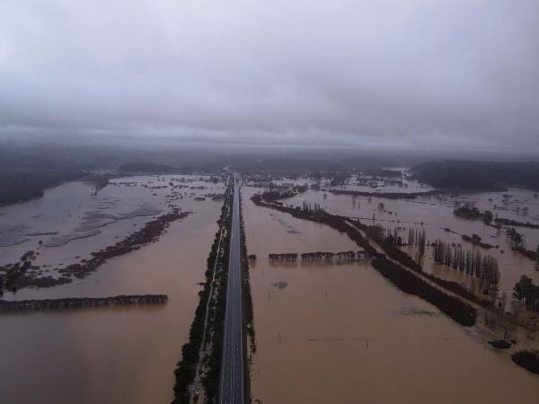 A drone view shows a flooded area affected by heavy rains in south-central Chile, in Ramadillas, Chile. 