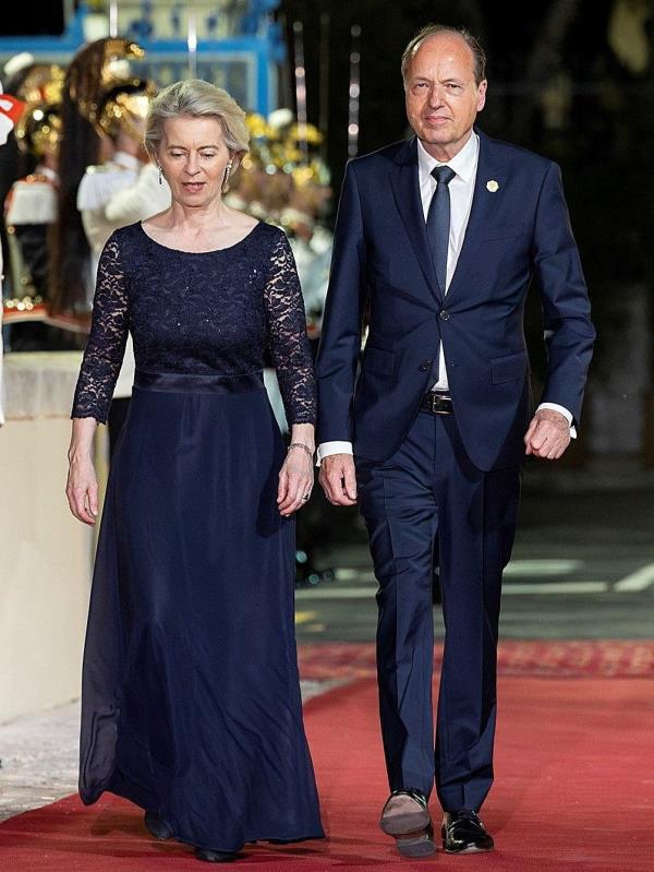 European Commission President Ursula von der Leyen and Heiko von der Leyen arrive to attend a dinner at Swabian Castle in Brindisi, Italy.