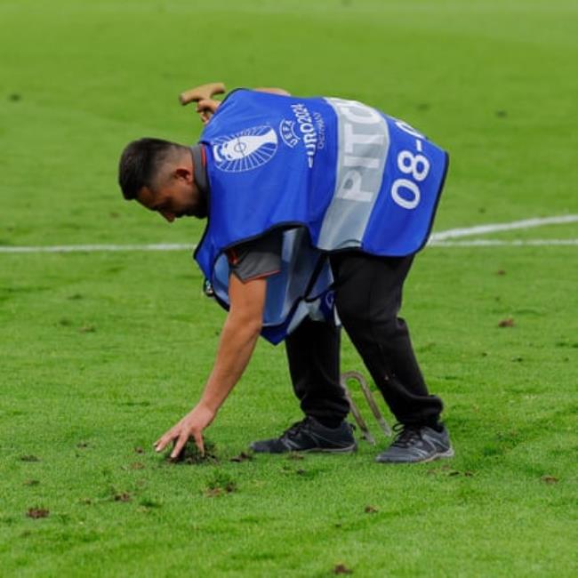 Divots on the pitch during the Euro 2024 European Champio<em></em>nship group game between England and Denmark.