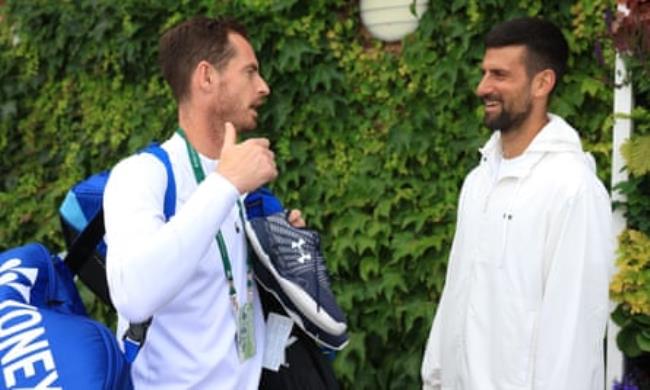 Andy Murray chats with his old rival and friend Novak Djokovic after practice at Wimbledon on Sunday.