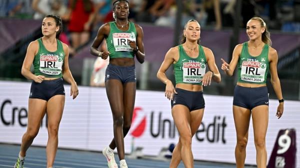 The Irish women's relay team Phil Healy, Rhasidat Adeleke, Sophie Becker and Sharlene Mawdsley before the women's 4x400m relay final at the European Athletics Champio<em></em>nships in Rome. Photo: Sam Barnes/Sportsfile