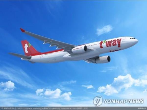 This image provided by T'way Air shows a company aircraft. (PHOTO NOT FOR SALE) (Yonhap)