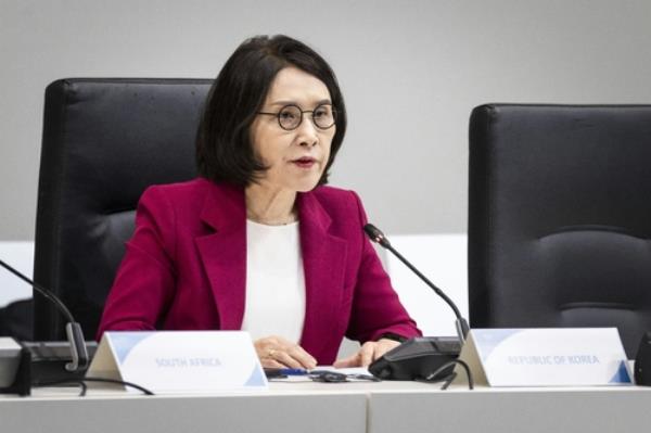 This photo, provided by the foreign ministry on June 13, 2024, shows Second Vice Foreign Minister Kang In-sun speaking during the two-day Ukraine Recovery Co<em></em>nference 2024 in Berlin. (PHOTO NOT FOR SALE) (Yonhap)