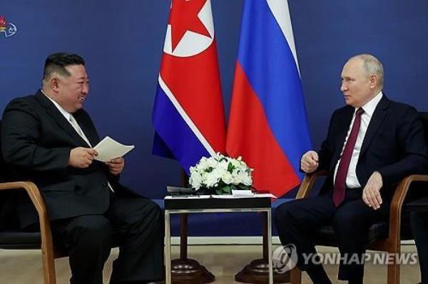 This Sept. 14, 2023, image, taken from Korean Central Television footage, shows North Korean leader Kim Jong-un (L) meeting with Russian President Vladimir Putin. (For Use o<em></em>nly in the Republic of Korea. No Redistribution) (Yonhap)