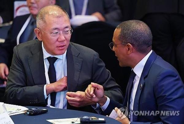 Hyundai Motor Group Chair Euisun Chung (L) speaks with an African official during the 2024 Korea-Africa Business Summit at Lotte Hotel in Seoul on June 5, 2024. (Yonhap)