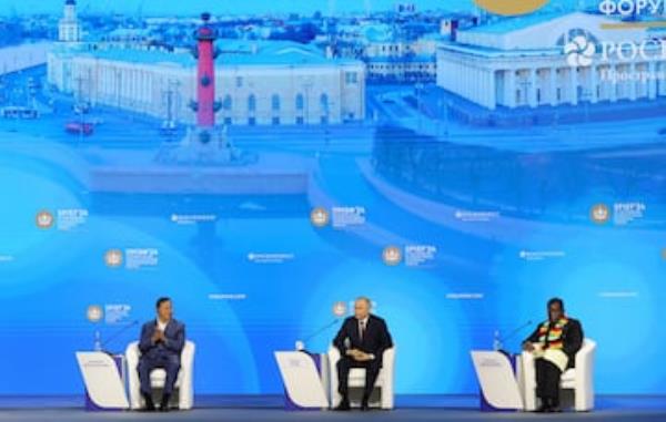 Russia's President Vladimir Putin, Bolivia's President Luis Arce and Zimbabwe's President Emmerson Mnangagwa attend the St. Petersburg Internatio<em></em>nal Eco<em></em>nomic Forum.