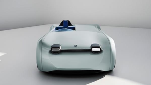 Triumph TR25 concept: rear three quarter static, low angle, blue/grey paint