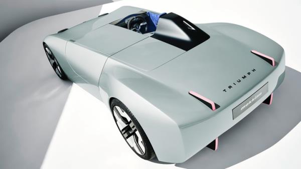 Triumph TR25 concept: front three quarter static, scissor door open, blue/grey paint