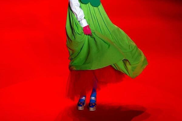 A model presents a creation by Agatha Ruiz de la Prada during the Mercedes-Benz Fashion Week in Madrid, Spain