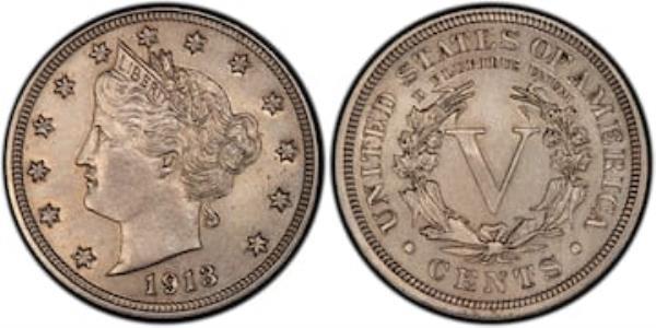 Mo<em></em>neda de cinco centavos de 1913 con la cabeza de la Libertad