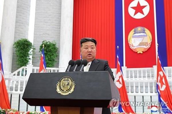 North Korean leader Kim Jong-un delivers a speech in Pyo<em></em>ngyang on Sept. 9, 2024, on the occasion of North Korea's 76th birthday, in this photo provided by the North's official Korean Central News Agency. (For Use o<em></em>nly in the Republic of Korea. No Redistribution) (Yonhap)