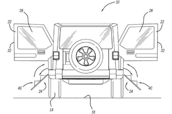 Images from a Jeep patent for running boards that fold out of the door