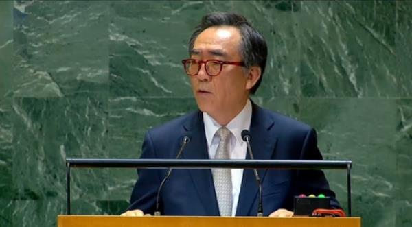 South Korean Foreign Minister Cho Tae-yul speaks during the U.N. General Assembly at the U.N. headquarters in New York on Sept. 27, 2024, in this photo captured from U.N. Web TV. (PHOTO NOT FOR SALE) (Yonhap)