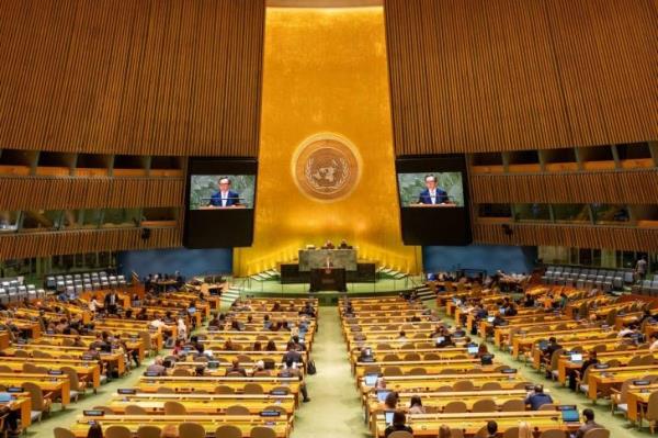 This photo, provided by South Korea's foreign ministry on Sept. 28, 2024, shows Foreign Minister Cho Tae-yul (on screen) speaking during the U.N. General Assembly at the U.N. headquarters in New York the previous day. (PHOTO NOT FOR SALE) (Yonhap)