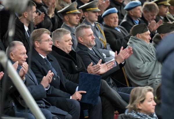 From left to right: Former President Rudolf Schuster, Acting Speaker of Parliament Peter Žiga, Prime Minister Robert Fico and President Peter Pellegrini during the celebrations of the 80th anniversary of the Carpathian-Dukla Operation at the Memorial of the Czechoslovak Army Corps in Dukla, eastern Slovakia, on October 6, 2024.