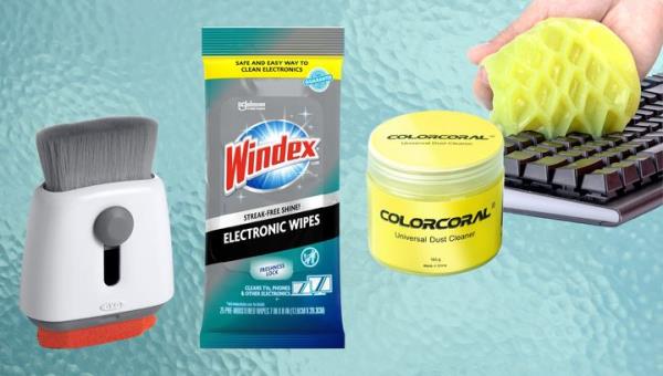 OXO keyboard brush, Windex screen wipes and keyboard cleaning gel