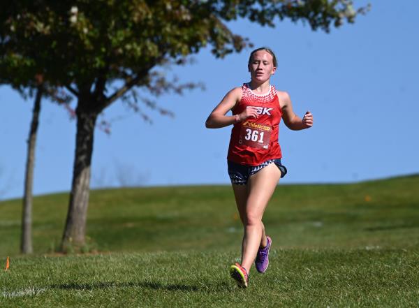 Francis Scott Key's Madalyn Johnson competes in the girls varsity race during the Carroll County cross country champio<em></em>nships at McDaniel College on Tuesday. (Brian Krista/Staff)