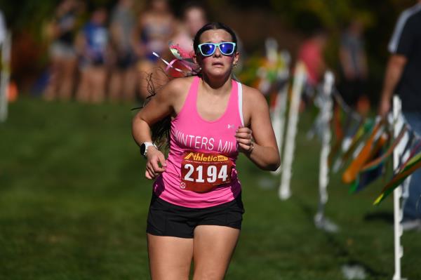 Winters Mill's Cyndi Phelps comes to the finish in the girls varsity race during the Carroll County cross country champio<em></em>nships at McDaniel College on Tuesday. (Brian Krista/Staff)