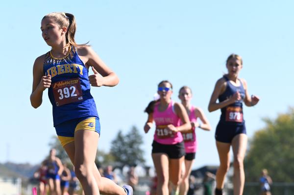 Liberty's Avery Neilsen competes in the girls varsity race during the Carroll County cross country champio<em></em>nships at McDaniel College on Tuesday. (Brian Krista/Staff)