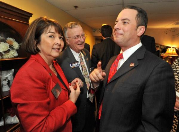 Diana Waterman, chair of the Maryland Republican Party, left, and John Pantelides, center, with former RNC chairman Reince Priebus. (Baltimore Sun Staff Photo)