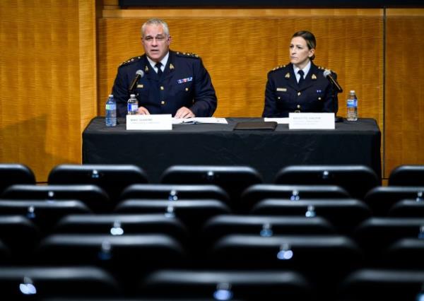 RCMP Commissio<em></em>ner Mike Duheme and Assistant Commissio<em></em>ner Brigitte Gauvin participate in a news co<em></em>nference 