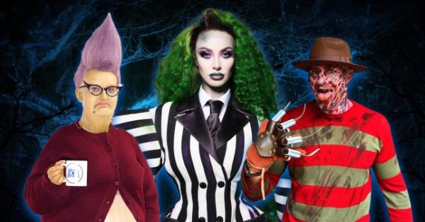 Maya Jama as Beetlejuice, Tommy Fury as Freddy Krueger and Amelia Dimoldenberg as Roz from Mo<em></em>nsters Inc for Halloween 2024 