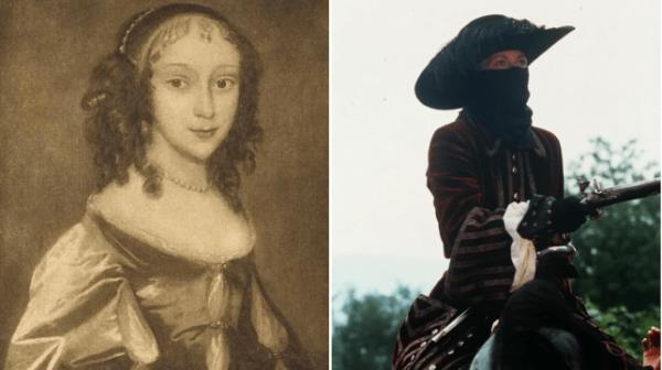 Old painting of Katherine Ferrers (left) and (right) a picture from the 1975 film 'the Wicked Lady' in which the main character wears a mask and holds a gun