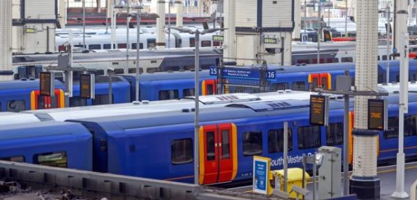 South Western trains at platforms at Lo<em></em>ndon Waterloo railway station in London