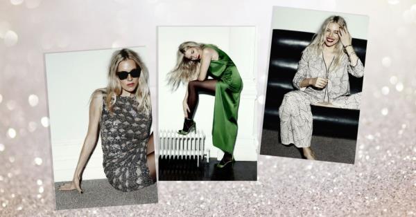 Image of Sienna Miller wearing her latest collection for M&S on a sparkly background