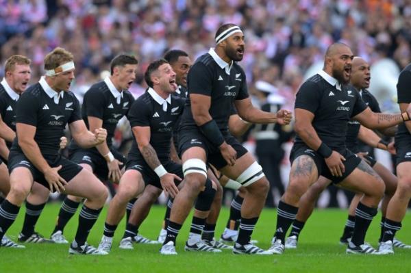 New Zealand are seen performing a haka dance ahead of a rugby match