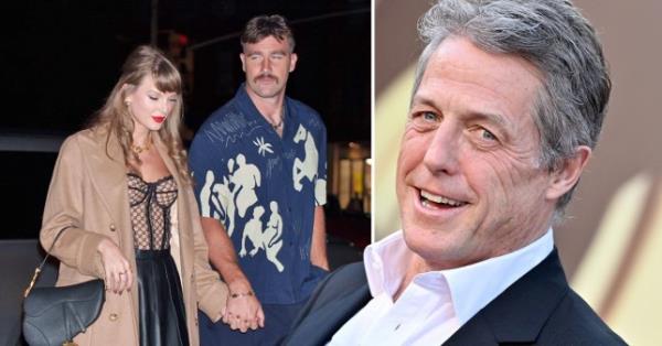 Taylor Swift and Travis Kelce alo<em></em>ngside a photo of Hugh Grant.