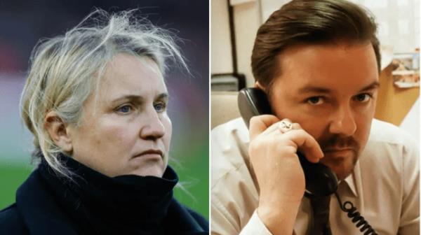 A picture of Emma Hayes watching a football match next to a picture of The Office UK fictio<em></em>nal character David Brent