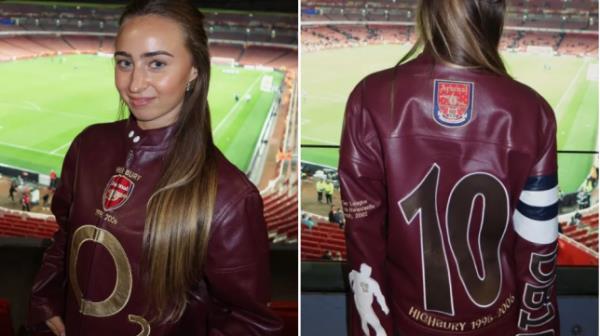 A picture showing Yasmin Bergkamp wearing her viral Arsenal leather jacket