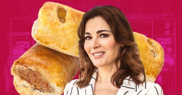 A compilation image of Nigella Lawson in front of a Greggs' sausage roll