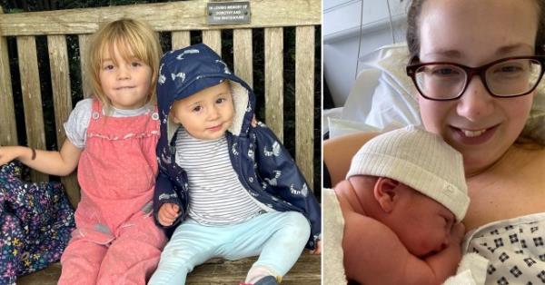 On the right is Alexandra and Milo at the hospital just after giving birth and on the left are both kids older toddlers, sitting on a bench