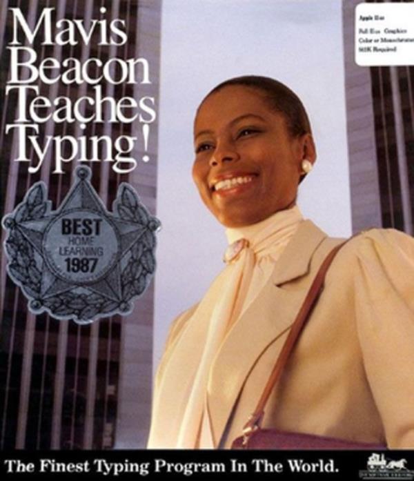 An ad for Mavis Beacon Teaches Typing software, featuring a woman in a yellow suit smiling