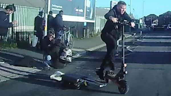 WITH VIDEO Pictured: Dashcam shows Joseph Pedelty havin<em></em>g run a red light and crashing into Raquel Delgado-Calo before getting back o<em></em>nto the scooter and leaving the scene. Shocking footage released today captures the moment an e-scooter rider runs a red light and crashes into a vet, leaving her with a broken skull as he flees the scene. Joseph Pedelty ran a red light which was 'very clear to see' before smashing into Raquel Delgado-Calo as she walked over a pedestrian crossing, a court heard. Veterinary surgeon Ms Delgado-Calo said she felt like she had been 'hit by a bus', was left with a fractured skull, and suffered lacerations to her head and nose which have left 'permanent' scarring. Dash-cam footage shows the moment reckless Pedelty hurtles into her at significant speed, before getting back on his scooter and riding off without checking on her. SEE OUR COPY FOR DETAILS. ?? Solent News & Photo Agency UK +44 (0) 2380 458800