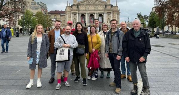 Our tour group (including me on the left) outside the magnificent L’viv Opera House (Picture: Angela Kennedy)