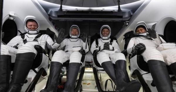 L-R) Russia's Alexander Grebenkin and NASA astro<em></em>nauts Michael Barratt, Matthew Dominick and Jeanette Epps (Picture: AP)