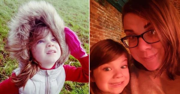 On the left is a photo of Emily's daughter wearing a hooded jacket lined in fur and pink mittens - she is looking up at the sky scared. On the right is a selfie of Emily and her daughter together and smiling.