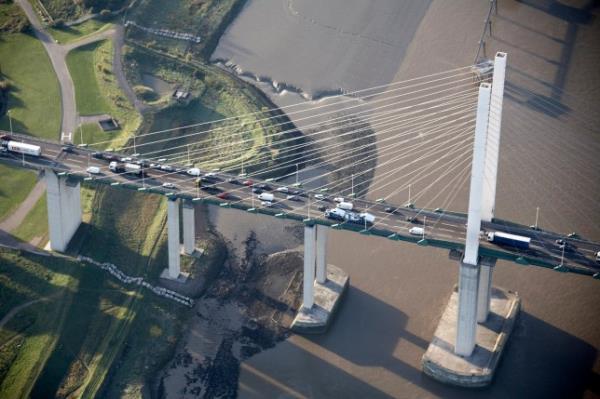 Aerial view north-west of Queen Elizabeth II Bridge, River Thames, Dartford, Lo<em></em>ndon DA1, England UK.