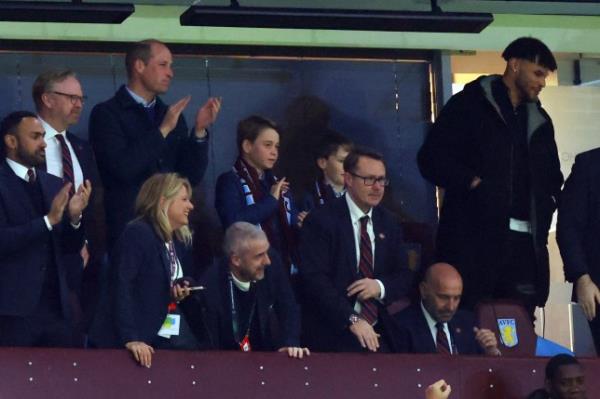 BIRMINGHAM, ENGLAND - APRIL 11: Prince William, Prince of Wales and Prince George of Wales look on alo<em></em>ngside Tyrone Mings of Aston Villa during the UEFA Europa Co<em></em>nference League 2023/24 Quarter-final first leg match between Aston Villa and Lille OSC at Villa Park on April 11, 2024 in Birmingham, England.(Photo by Marc Atkins/Getty Images)