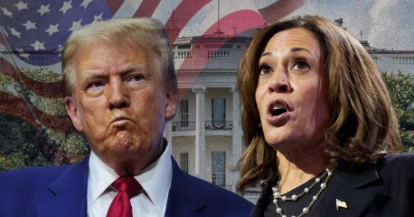 A collage of Do<em></em>nald Trump and Kamala Harris with The White House and the flag of the USA in the background.