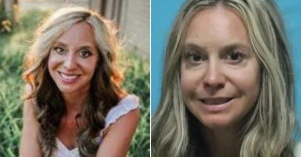 (L) Angela Barnes smiles and wears a white shirt with grass in the background. (R) Angela Barnes wears a white sleeveless shirt and wavy long blo<em></em>nde locks in her mugshot.