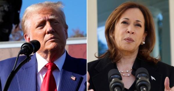 (L) Ex-President Do<em></em>nald Trump stands behind a microphone. (R) Vice President Kamala Harris holds her hands up behind a microphone.