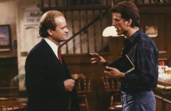 Kelsey Grammer as Frasier Craine and Ted Danson as Sam Malone havin<em></em>g an argument on Cheers