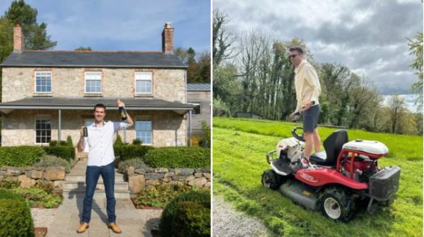 Simon Williams, who won a £2 million house through the Omaze draw in 2023, is pictured in front of the five-bedroom cottage with a bottle of champagne. Alongside, he's pictured riding the driveable lawnmower