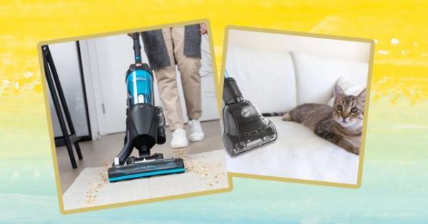 Image of the Hoover Upright Vacuum Cleaner, Blue - Upright 300 Pet on a bright yellow and green background