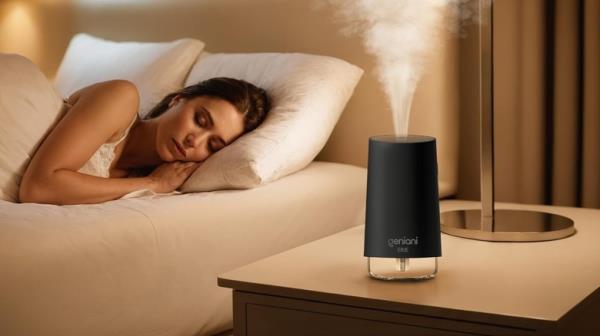 Woman sleeping next to humidifier