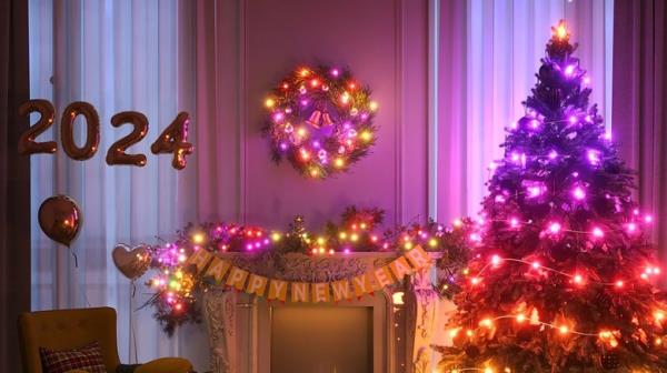 An indoor scene including a lit Christmas tree next to a fireplace